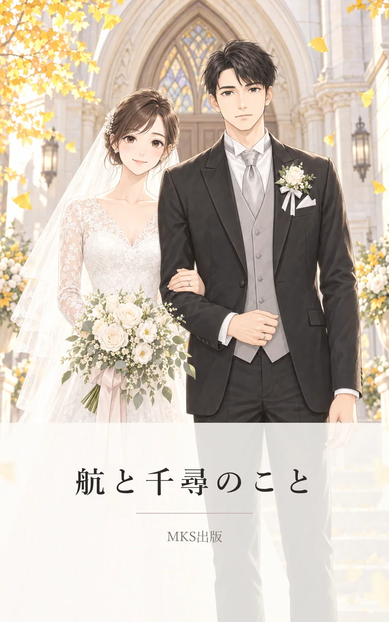 『航と千尋のこと』の表紙。教会の前に並んで立つ新郎新婦。新婦は白いレースのドレスとベールで、白い花のブーケを持っている。新郎は黒いスーツに灰色のベスト。背景は銀杏の黄色い葉。下にタイトルと「MKS出版」。