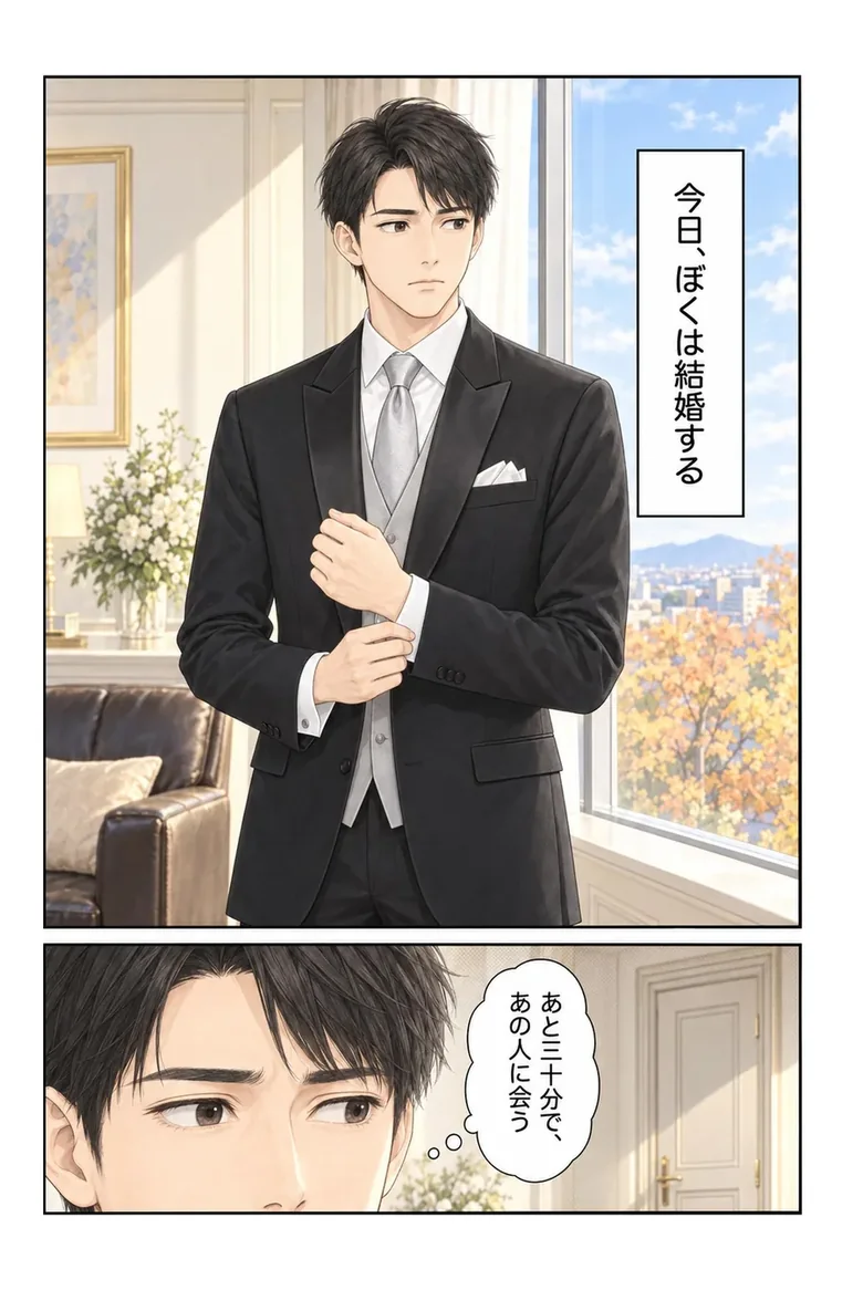ホテルの一室。モーニングを着た新郎がカフスを留めている。窓の外は秋の街。ナレーション「今日、ぼくは結婚する」。下のコマで彼の横顔が寄りになり「あと三十分で、あの人に会う」と思っている。